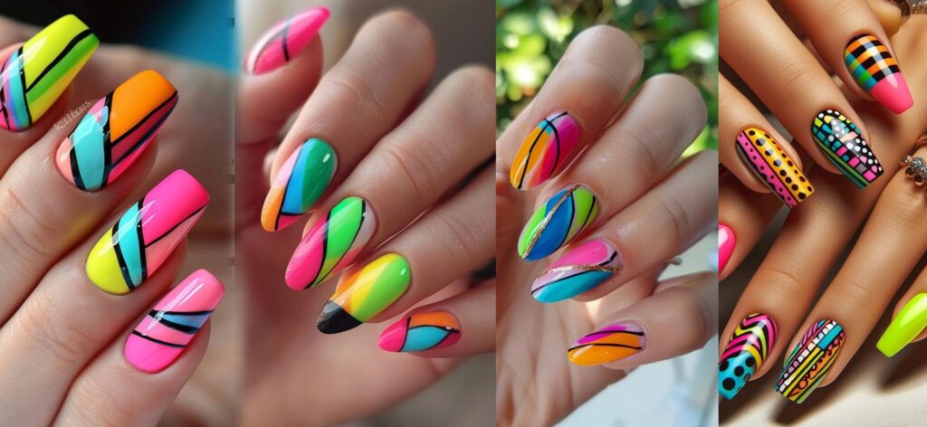 strips and geometric rainbow nail art desig